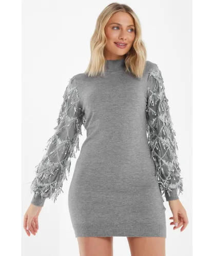 Quiz Womens Grey Knitted Embellished Mini Dress Nylon