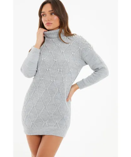 Quiz Womens Grey Knitted Pearl Embellished Jumper Dress