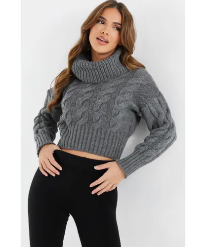 Quiz Womens Grey Roll Neck Knitted Cropped Jumper