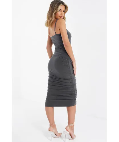 Quiz Womens Grey Ruched Bodycon Midi Dress