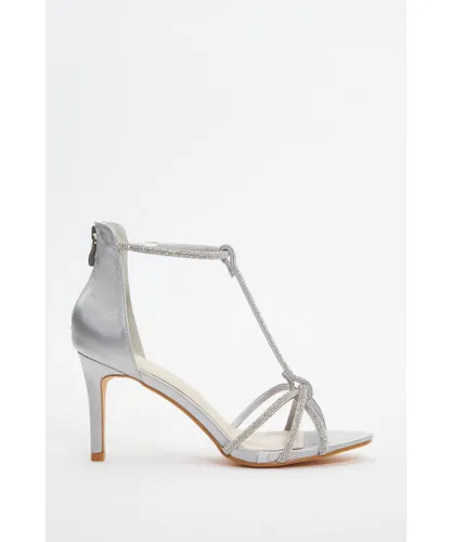 Quiz Womens Grey Satin Diamante T-Bar Heeled Sandals