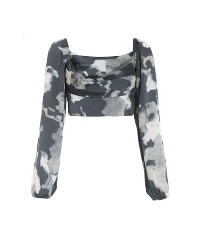 Quiz Womens Grey Satin Smudge Print Cropped Top