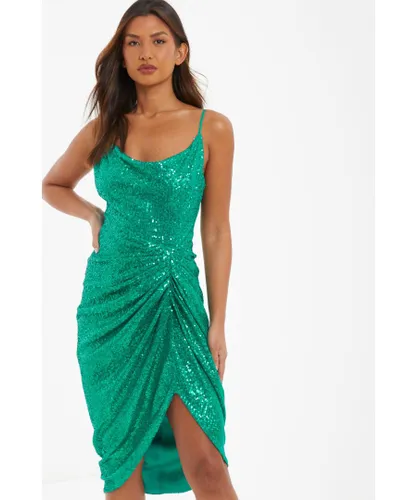 Quiz Womens Jade Green Sequin Ruched Midi Dress