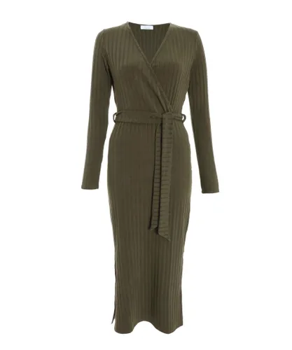 Quiz Womens Khaki Ribbed Wrap Midi Dress - Green