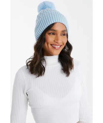 Quiz Womens Light Blue Knitted Faux Fur Pom Hat - One