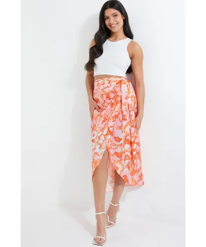 Quiz Womens Orange Leopard Print Satin Wrap Midi Skirt