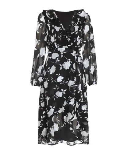 Quiz Womens Petite Black Floral Frill Wrap Midi Dress