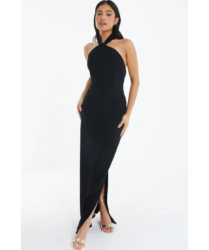 Quiz Womens Petite Black Halterneck Textured Maxi Dress