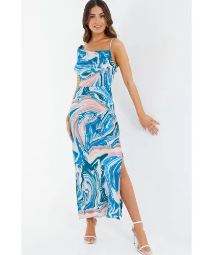 Quiz Womens Petite Blue Satin Marble Print Midaxi Dress
