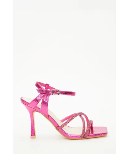 Quiz Womens Pink Diamante Strappy Heeled Sandals Polyurethane/Rhinestone