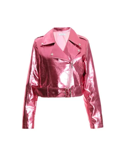 Quiz Womens Pink Foil Faux Leather Biker Jacket