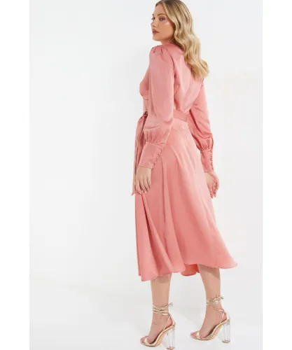 Quiz Womens Pink Satin Long Sleeve Wrap Midi Dress