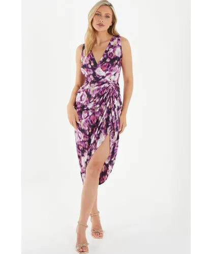 Quiz Womens Purple Floral Print Ruched Midi Dress