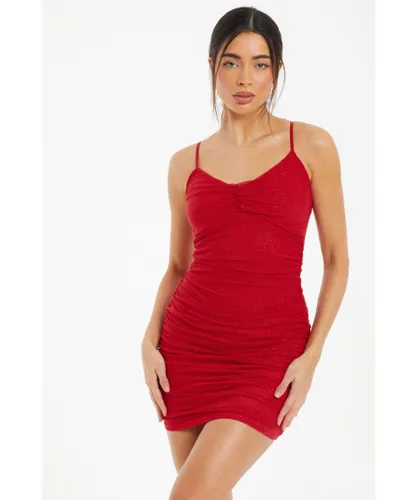 Quiz Womens Red Glitter Mesh Ruched Mini Dress