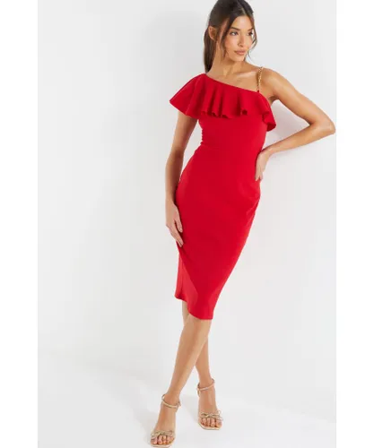 Quiz Womens Red One Shoulder Frill Midi Dress