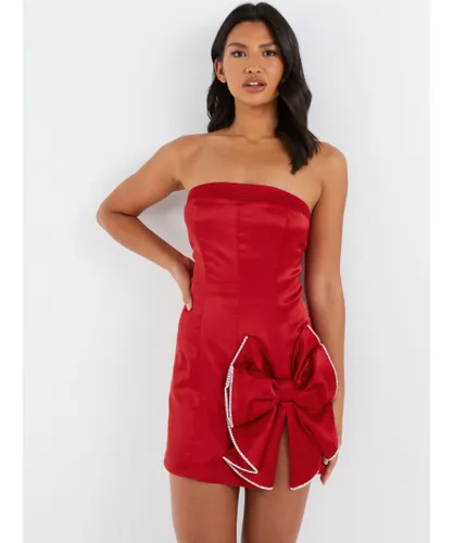 Quiz Womens Red Satin Bow Mini Dress
