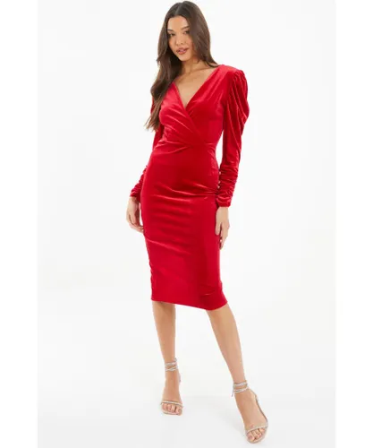 Quiz Womens Red Velvet Wrap Midi Dress