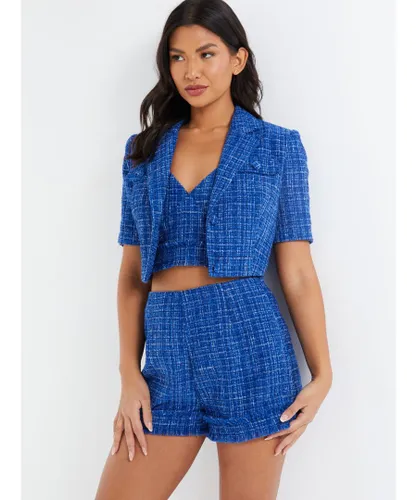 Quiz Womens Royal Blue Checked Boucle Cropped Blazer