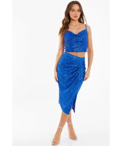 Quiz Womens Royal Blue Sequin Ruched Midi Skirt