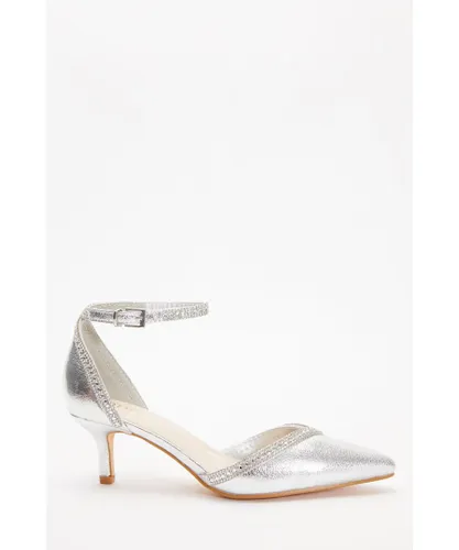Quiz Womens Silver Foil Diamante Low Court Heels Polyurethane/Rhinestone