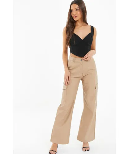Quiz Womens Stone Faux Leather Cargo Trousers