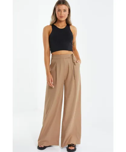 Quiz Womens Stone High Waisted Wide Leg Trousers Cotton
