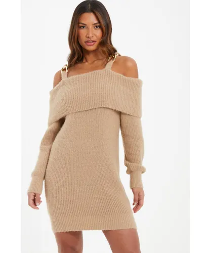 Quiz Womens Stone Knitted Cold Shoulder Jumper Dress