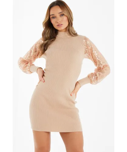 Quiz Womens Stone Knitted Sequin Sleeve Jumper Dress