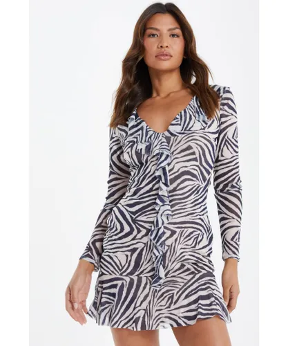 Quiz Womens Stone Zebra Print Mesh Mini Dress