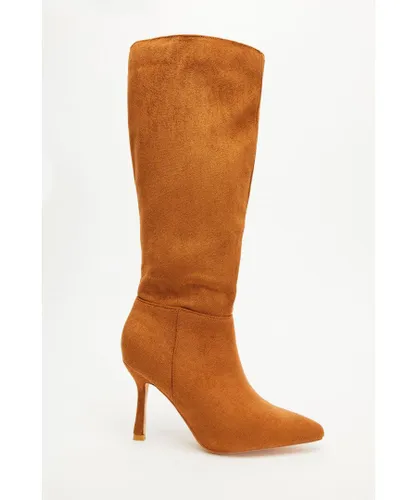 Quiz Womens Tan Faux Suede Knee High Heeled Boots