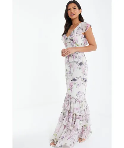 Quiz Womens White Chiffon Floral Frill Maxi Dress