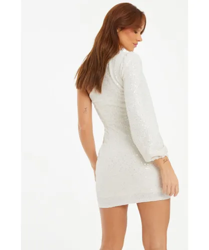 Quiz Womens White Sequin One Shoulder Mini Dress