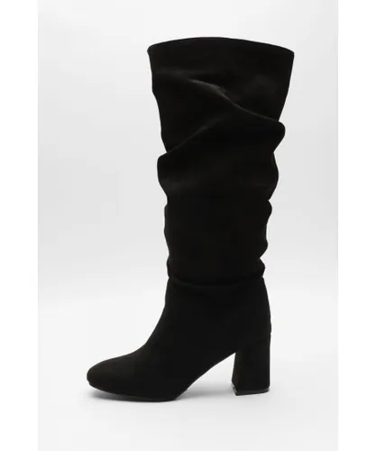 Quiz Womens Wide Fit Black Faux Suede Ruched Heeled Boots