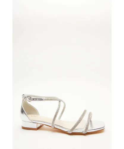 Quiz Womens Wide Fit Silver Diamante Flat Sandals