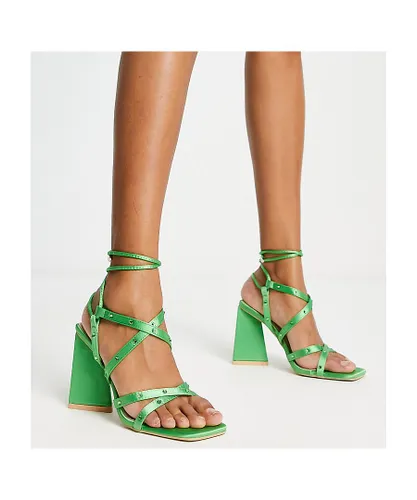Raid Womens Wide Fit Elinora block heel sandals with stud embellishment in green satin