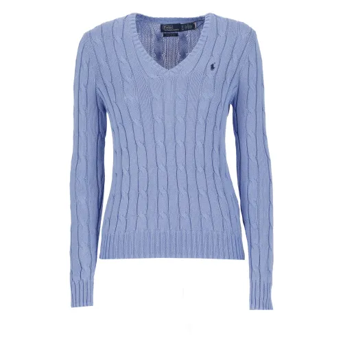 Ralph Lauren , Blue Cotton Sweater with V-Neck and Iconic Pony ,Blue female, Sizes: