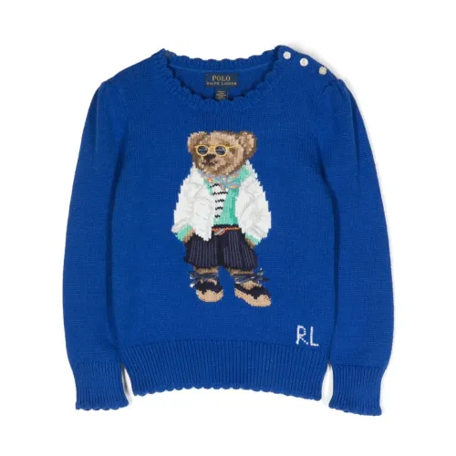 Ralph Lauren , Blue Sweater with Scalloped Trim and Polo Bear Intarsia-Knit ,Blue male, Sizes: