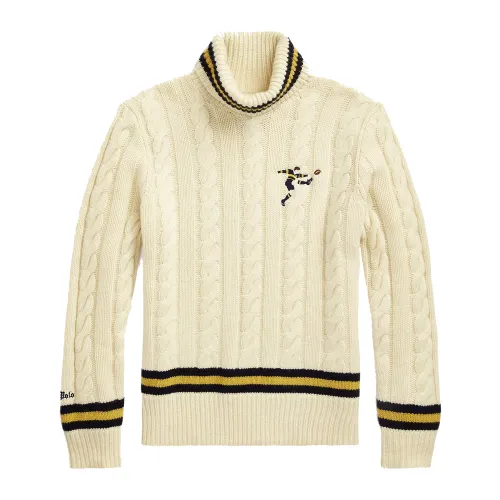 Ralph Lauren , Cable Knit Wool Blend Turtleneck with Rugby Player Embroidery ,Beige male, Sizes: