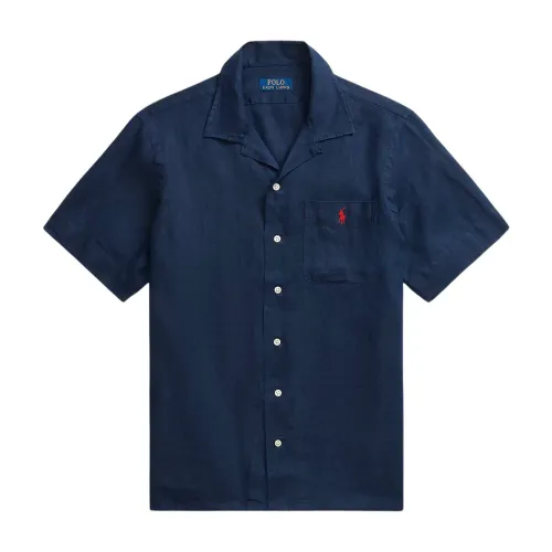 Ralph Lauren , Classic Fit Linen Camp Shirt Newport Navy ,Blue male, Sizes: