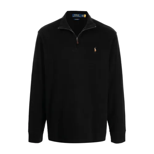 Ralph Lauren , Cotton Half-Zip Sweatshirt with Leather Details ,Black male, Sizes: