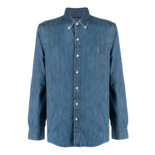 Ralph Lauren , Dark Blue Denim Shirt with Embroidered Logo ,Blue male, Sizes: