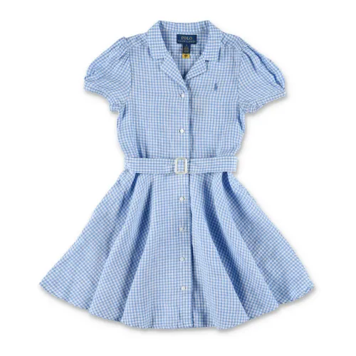 Ralph Lauren , Gingham Linen Dress with Belt ,Blue female, Sizes: