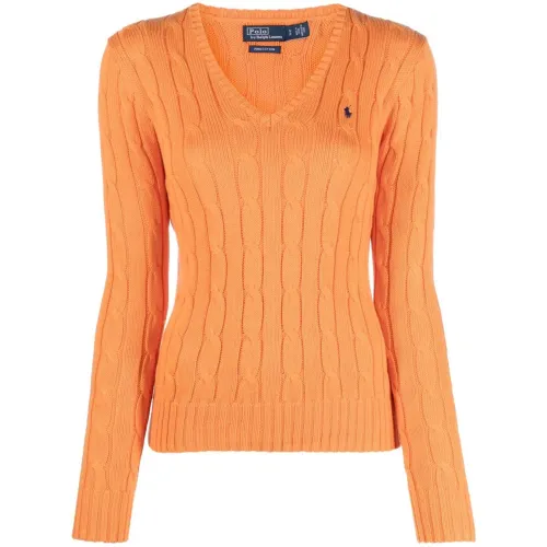 Ralph Lauren , Mandarin Orange V-Neck Sweater ,Orange female, Sizes: