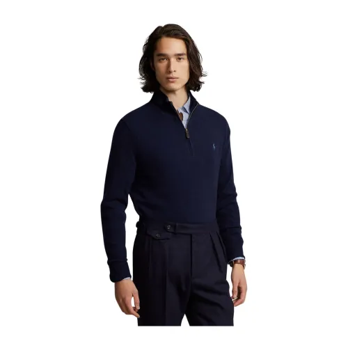 Ralph Lauren , Marine Wool Quarter-Zip Sweater ,Blue male, Sizes: