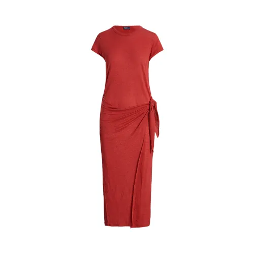 Ralph Lauren , Red Linen Midi Wrap Dress ,Red female, Sizes: