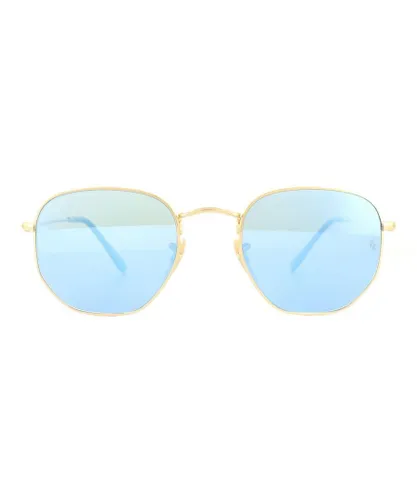 Ray-Ban Womens Sunglasses Hexagonal 3548N 001/9O Gold Light Blue Gradient Mirror 54mm Metal - One