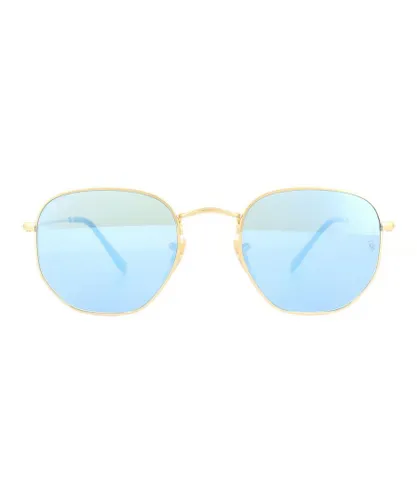 Ray-Ban Womens Sunglasses Hexagonal 3548N 001/9O Gold Light Blue Gradient Mirror Metal - One