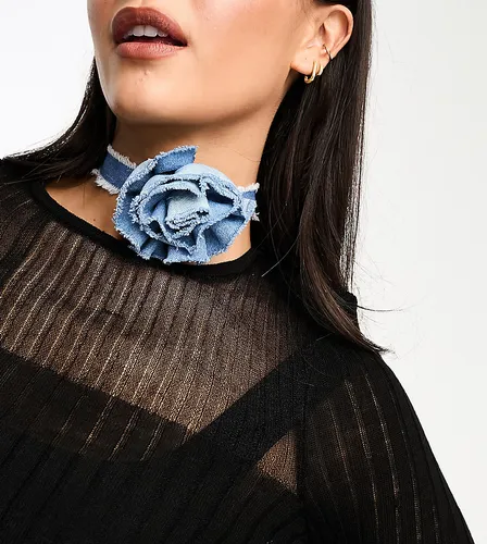 Reclaimed Vintage distressed denim flower corsage choker necklace-Blue
