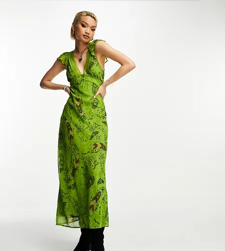 Reclaimed Vintage midi dress with lace detail and frill sleeves in green paisley print