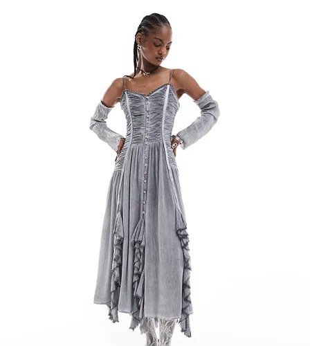 Reclaimed Vintage midi dress with ruffles and detachable sleeves-Grey